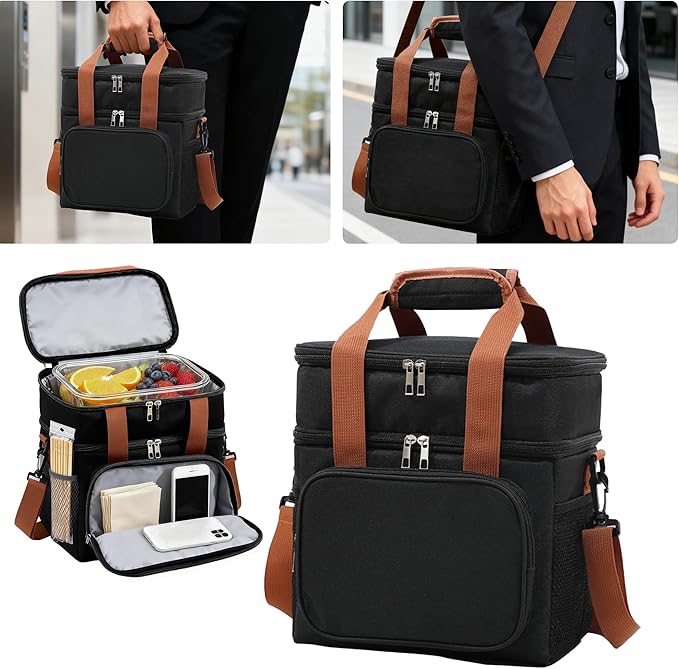 16 litres Insulated Lunch Bag for Men & Women, 2 Deck Lunch Box with Leak-Proof, Insulated Cooler Bag, Reusable Lunch Tote, with Adjustable Shoulder Strap for Office Picnic Hiking Beach
