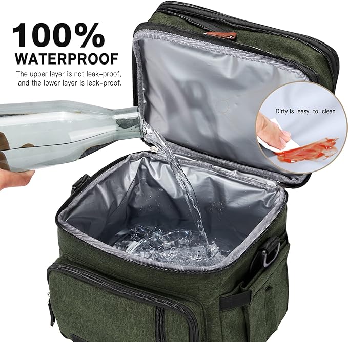 Men's and Women Double Compartment Lunch Bag, Insulated Lunch Cooler Tote 2 Roomy Large Reusable Water-resistant Lunch Box (Green)