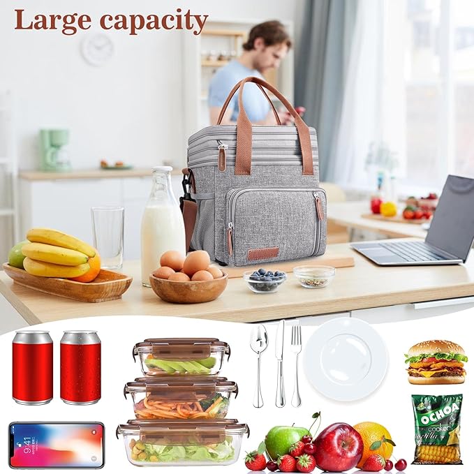 LOKASS Lunch Box & Lunch Bag for Women Men, Expandable Insulated Adult Lunch Box Leakproof Cooler Bag with Adjustable Shoulder Strap, Reusable Womens Lunch Bags for Work Picnic Beach, 16L, Grey