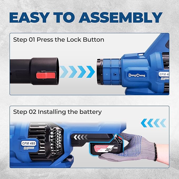 Dong Cheng Brushless 20V Leaf Blower, 485 CFM Variable Speed & Turbo Mode, Cordless Leaf Blower with 3 Nozzles, Shoulder Strap, 4.0Ah Battery and Charger, Blowing Leaves for Patio, Lawn & Garden