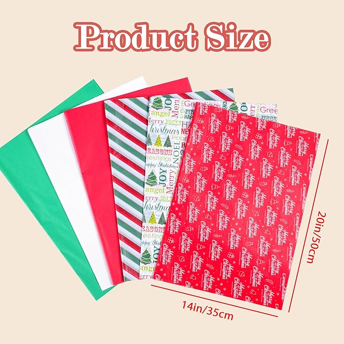 ASOEMERZ 180 Sheets Christmas Tissue Paper 20 x 14 Inches, Small Wrapping Paper for Christmas Gift Boxes DIY, Holiday Presents, Gift Bags (6 Designs)