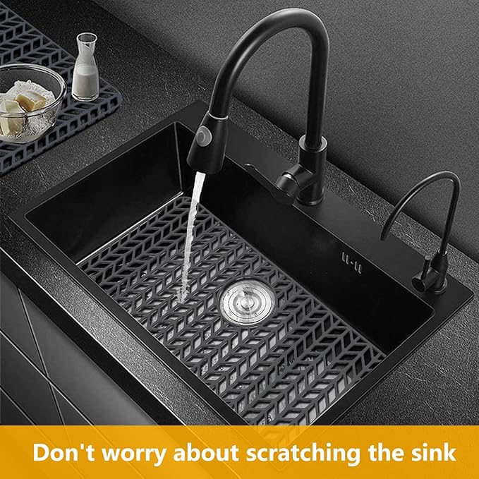 Sink Protectors for Kitchen Sink 12"13"16"18"19"24"26"28"29"30",Silicone kitchen sink mats protector for bottom of farmhouse sink(26"x14"Rear Drain Gray)