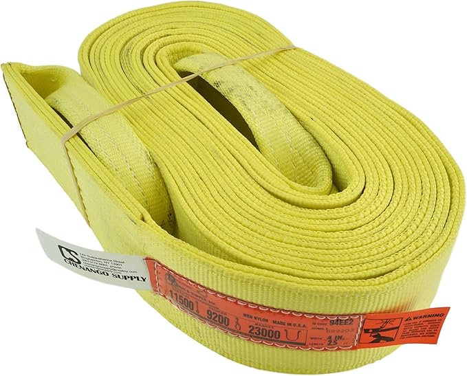 DD Sling. Multiple Sizes in Listing! (USA Made) 4" x 25', 2 Ply, Nylon Lifting Slings, Eye & Eye, Heavy Duty, 11500 lbs Vert, 9200 Choker, 23000 Basket (USA Nylon) (4"x25')