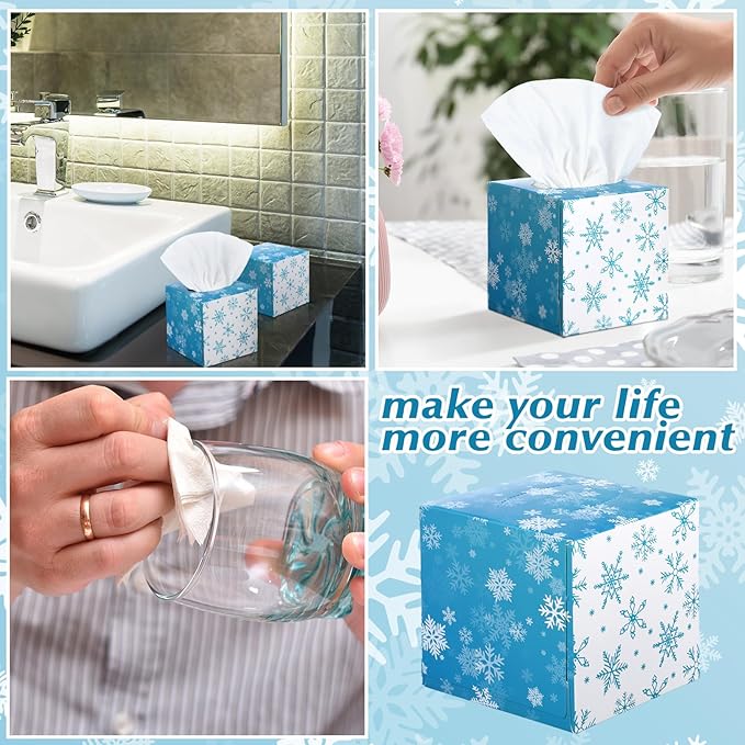 Bencailor 12 Pack Snowflake Facial Tissues Cube Boxes Winter Christmas Tree Square 600 Sheets 3 Ply Small Tissues Cube Boxes for Home Car Accessories(Blue and White,Snowflake)