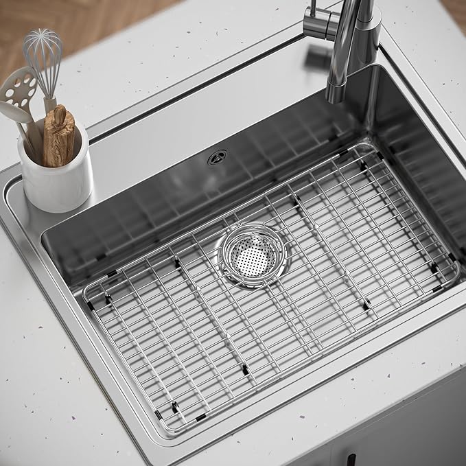 Large Metal Sink Rack 27-9/16" X 14-9/16",Sink Protector for Kitchen Sink,Stainless Steel Sink Grid for Bottom of Sink,Sink Grate with Rear Drain Hole for Single Bowl with Strainer,1 Pack