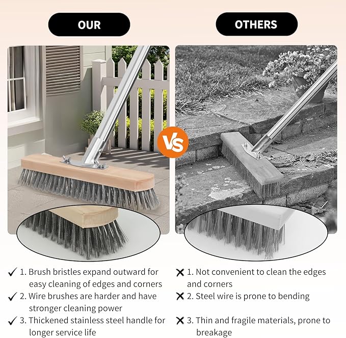 Stainless Steel Wire Scrub Brush with Long Handle, Moss Remover Wire Broom for Deck, Rough Surface, Concrete Floor, Patio, Garden, Garage