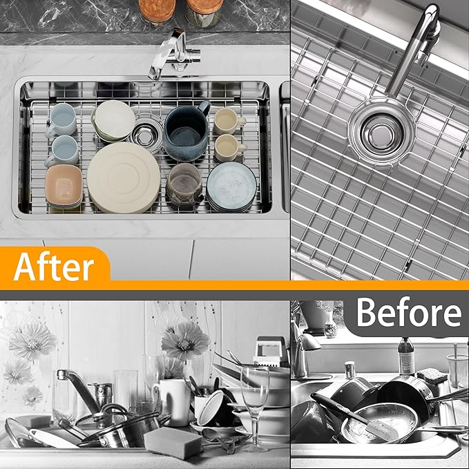 Sink Protector Kitchen Sink Bottom Grid Sink Grates,Stainless Steel,Rear Drain Hole,28.3"L×15.2"W