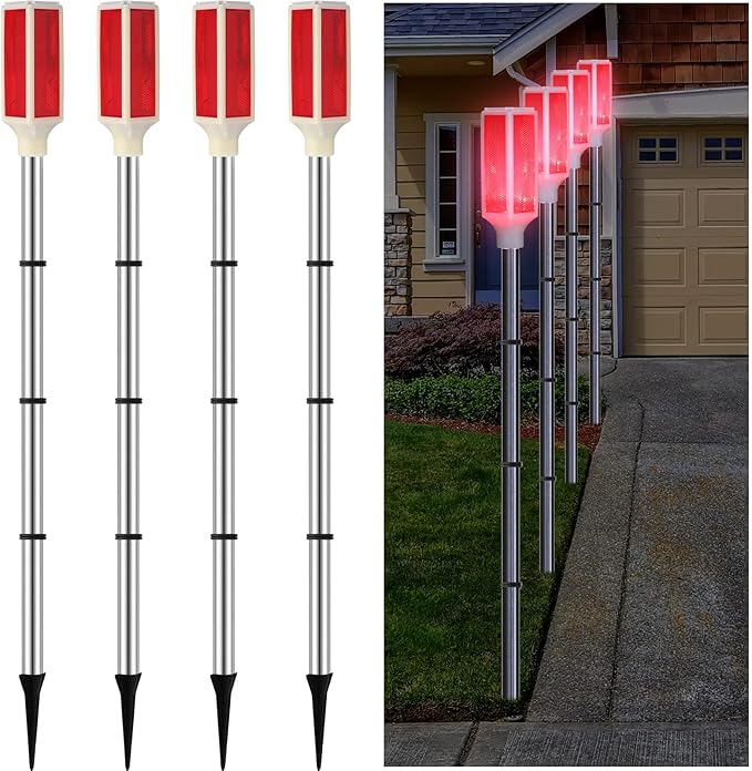 Macarrie 4 Pcs Solar Powered Driveway Markers Reflective Lights Driveway Reflectors on Poles for Snow Road Outdoor Yard Entrance (Red)