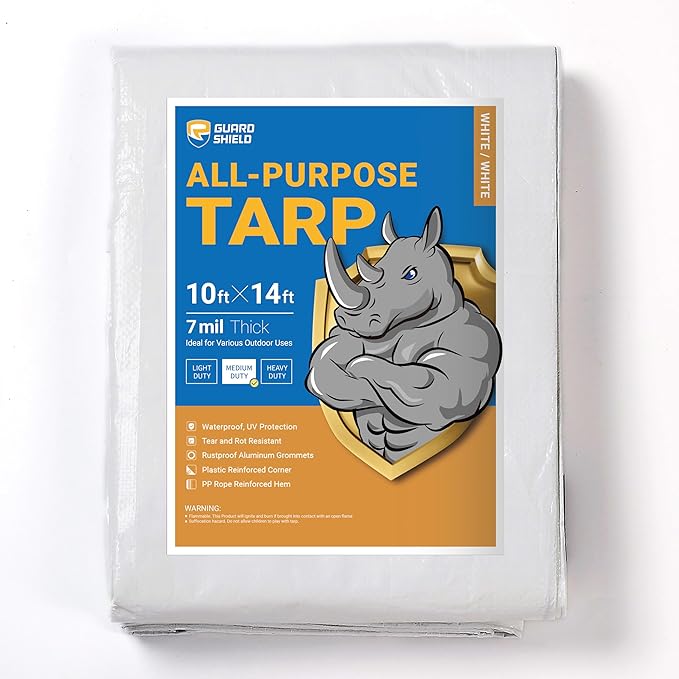 GUARD SHIELD White Tarp 10x14 Feet Medium Duty All Purpose Poly Tarps Cover 7mil