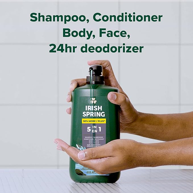 Irish Spring 5 in 1 Body Wash for Men, Men's Body Wash, Smell Fresh and Clean for 24 Hours, Conditions and Cleans Body, Face, and Hair, Made with Biodegradable Ingredients, 30 Oz Pump (Pack of 2)