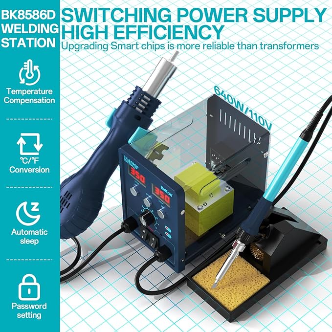 BK8586D Soldering Station 2-In-1 SMD Hot Air Rework Station,Solder Iron Station Kit for Electronics, 5 Soldering Tips, 2 Hot Air Nozzles,Tweezers, Solder Wire,Desoldering Pump,Solder Sucker