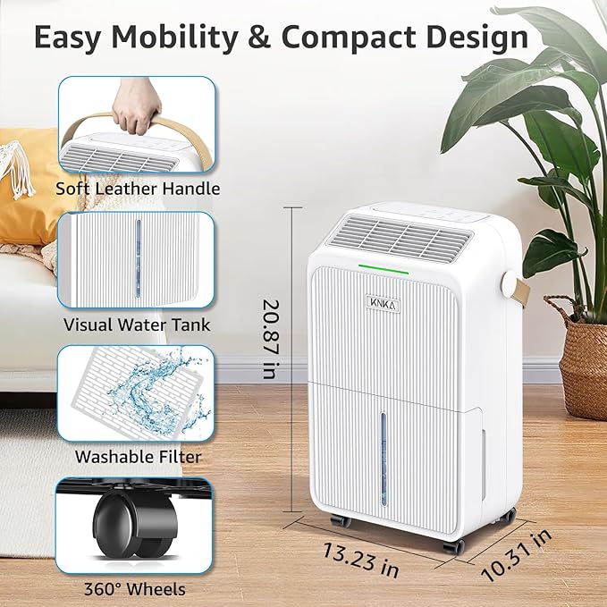 KNKA 2500 Sq.Ft Dehumidifiers for Home with Drain Hose Max 34 Pints, Dehumidifier for Basement, Bedroom, Bathroom, Large Room, Three Modes, Intelligent Humidity Control, Dry Clothes, 24HR Timer