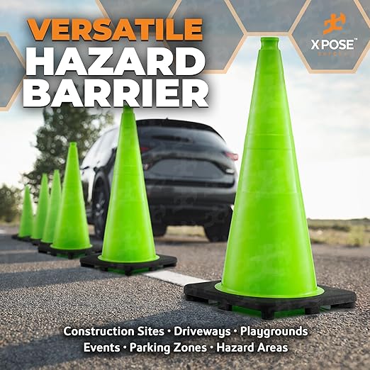 Xpose Safety 28” Lime Green Traffic Cone - 24 Pack - Premium PVC Safety Cone for Parking, Caution, Construction, Road Crews, Emergency Vehicle - DOT Approved