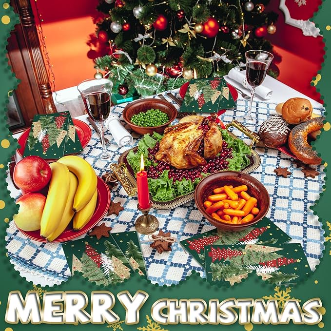 Jetec 200 Pcs Christmas Disposable Paper Guest Towels for Bathroom Christmas Paper Napkins Red Green Xmas Tree Decorative Guests Towel 2 Ply Christmas Napkins for Holiday Kitchen Dining Table
