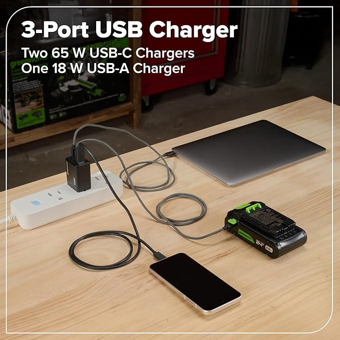 Greenworks 24V Cordless Brushless 8PCs Combo, Drill+Impact Driver+Circular Saw+Recip Saw+Jig Saw+Sander+Flashlight+Oscillating Tool (2) 2.0Ah+4.0Ah Batteries (24,000mAh Power Bank) 65W USB-C Charger