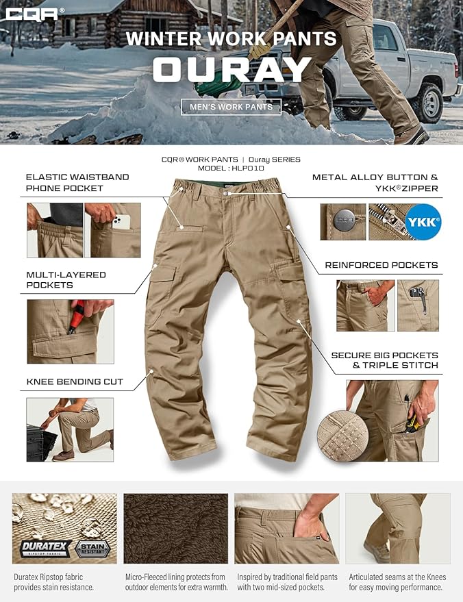 CQR Men's Winter Tactical Cargo Pants, Thermal Fleece Lined Outdoor Snow Ski Hiking Work