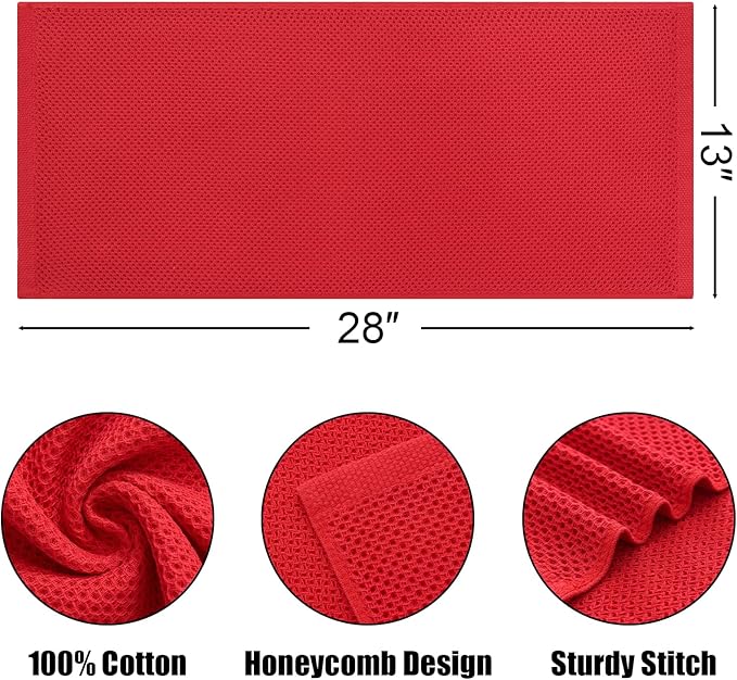 Kitinjoy 100% Cotton Waffle Weave Kitchen Towels, 4-Pack Super Soft and Absorbent Dish Towels for Drying Dishes, Kitchen Hand Towels, 13 in x 28 in, Red