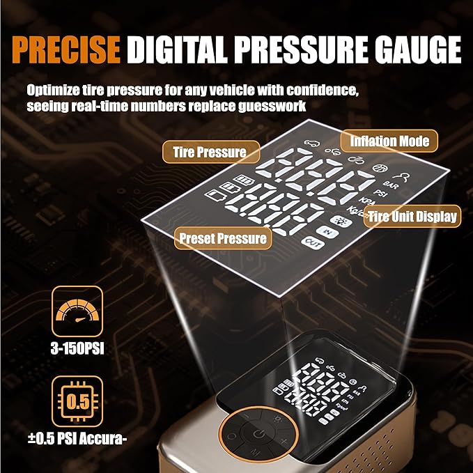 Cordless Tire Inflator, Portable with digital pressure gauge, 150PSI, Auto shut-off & LED light, 12V DC/Rechargeable dual mode, for Car/Motorcycle/Bike/Inflatable
