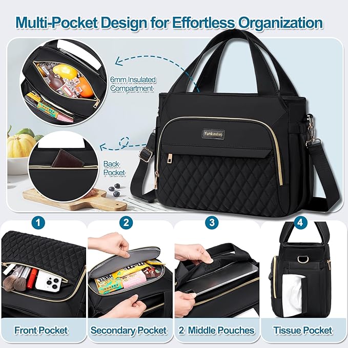 Lunch Bag Lunch Box Women - Insulated Lunch Tote Bag for Women Men, Leakproof Large Womens Lunch Bags for Work, Lunch Cooler Bag for Adult with Side Pocket for Picnic, Hiking, Beach (Black)