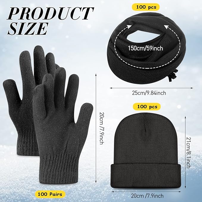 Unittype 300 Pcs Winter Beanies Gloves Scarf Set Bulk 100 Knit Skull Cap 100 Pair Winter Gloves 100 Neck Warmer for Men Women