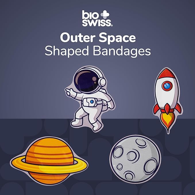 BioSwiss Kids Bandages, Outer Space Shaped Self Adhesive Bandage Set, Latex Free, Sterile Wound Care, 24 Count