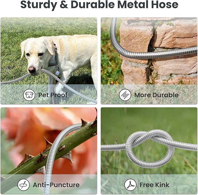 Girafe Tools Garden Hose 25ft x 5/8", 304 Stainless Steel Metal Water Hose, No Kink Garden Water Hose with 9 Pattern Spray Nozzle, Flexible, Lightweight, Kink Free Hose for Yard, Outdoor