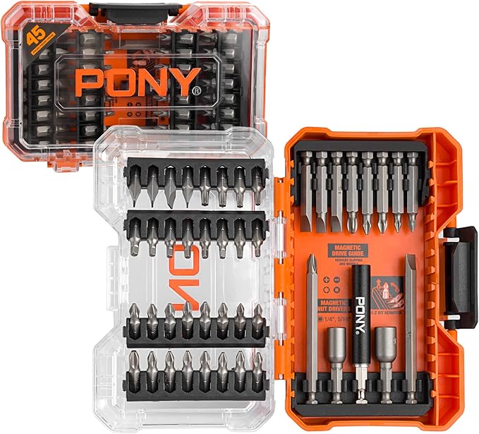 PONY 45-Piece Screwdriver Bit Set with Tough Case, 1/4" Hex S2 Steel Screwdriver Bits, Precision-Machined Tip, 1", 2" & 3-1/2" Bits with Magnetic Drive Guide & Magnetic Nut Drivers for DIY Projects