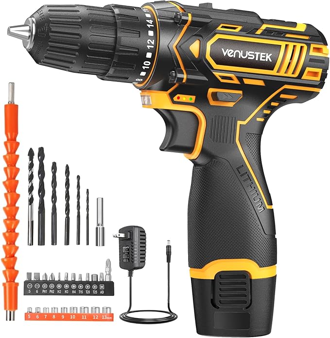 Cordless Drill Set 12V Power Drill with Battery and Charger, 2-Speed Electric Drill with 3/8" Keyless Chuck