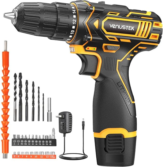 Cordless Drill Set 12V Power Drill with Battery and Charger, 2-Speed Electric Drill with 3/8" Keyless Chuck
