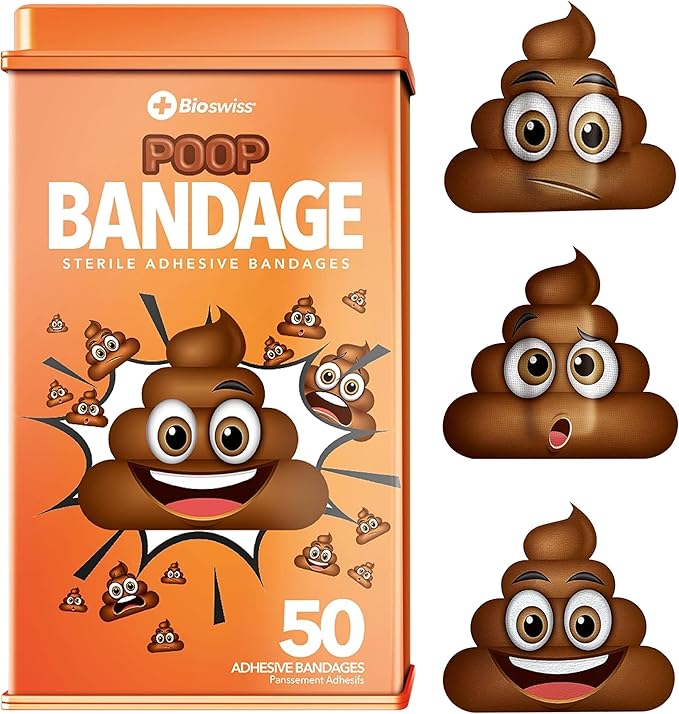 BioSwiss Kids Bandages, Poop Shaped Self Adhesive Bandage Set, Latex Free, Sterile Wound Care, 50 Count