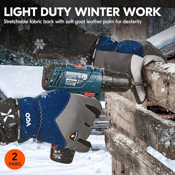 Vgo... 2Pairs 0℃/32°F Winter Leather Work Gloves, Cold Weather Waterproof Safety Work Gloves,Cold Storage or Freezer Use,w/3M Thinsulate Lining(Size XL, Gray, GA7711FW)