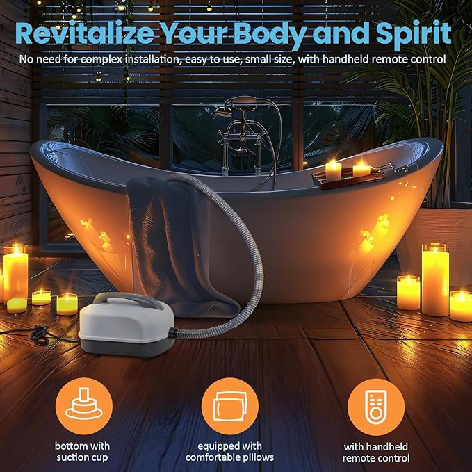 Portable Spa Bubble Bath Mat, Full Body Bubbling Bath Mat with Remote & Pillow, Electric Air Pump & Adjustable Bubble Settings, Bathtub Bubble Machine