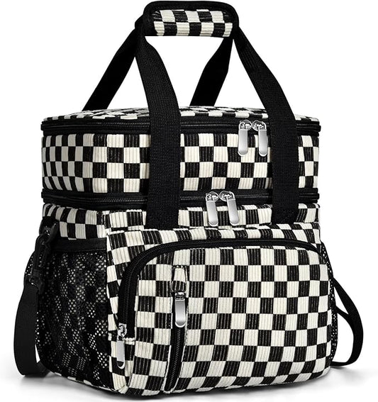 Lunch Box for Women, Double Insulated Lunch Bag Reusable Leakproof Cooler Bag Portable Picnic Food Bag, Adult Lunch Tote Lunch Bag for Work, Office, Travel - Corduroy Black Checkered