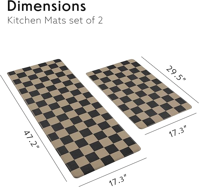 Checkered Kitchen Mats for Floor Set of 2, 2 Pcs Cushioned Non Slip Runner Rugs for Kitchen/Sink/Laundry, Comfort Aesthetic Cute Anti-Fatigue Foam Floor Mat (Brown/Black)