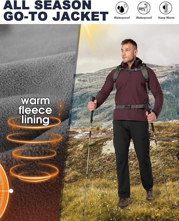 33,000ft Men's Hooded Softshell Jacket Waterproof Lightweight Insulated Windbreaker Fleece Lined Rain Shell Jacket