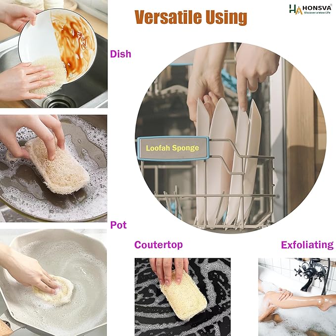Loofah Natural Kitchen Sponge (5 Pcs), No Scratch Scrubber for Dish Cleaning, 100% Plant Based Vegetable Scrubber, Zero Waste and Eco Friendly Sponge for Kitchen (3 Pcs Oval+2 Pcs Rectangular)