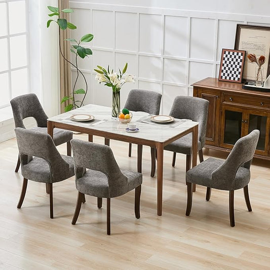 UVV Wooden Dining Chairs Set of 6, Mid Century Modern Upholstered Dining Room Chair Kitchen Chairs, Chenille Dinner Chair with Solid Wood Legs for Kitchen Dining Room, Dark Grey-Chenille