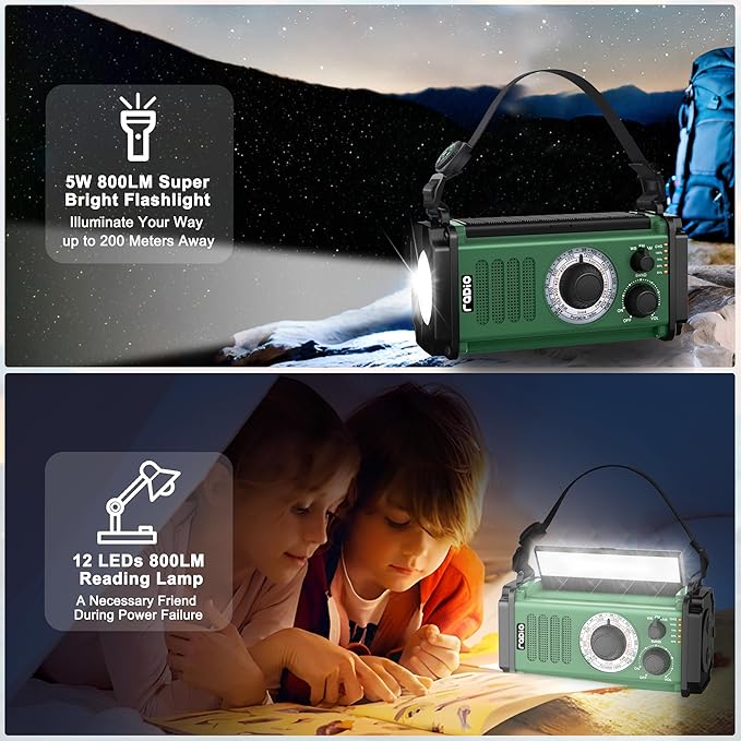 Crank Emergency Weather Radio, Solar Hand Crank Portable AM/FM/NOAA Weather Radio,Dynamo Radio,Crank Flashlight&Reading Lamp,Earphone Jack, SOS,Compass for Hurricane Storm Camping Outdoor Survival Kit
