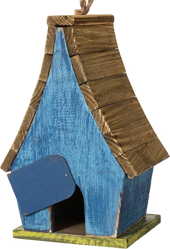 Glitzhome 9.5" H Hanging Bird House for Outdoor Patio Garden Decorative Pet Cottage Distressed Wooden Birdhouse with Natural Wood Slatted Roof and 3D Tree,Washed Blue