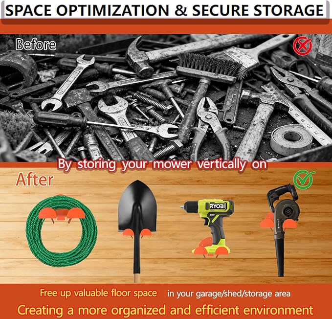 Lawn Mower Wall Mount Bracket 10 Gauge Heavy Duty Steel Powder Coated Orange Garage Storage Organizer Hanger for Most Lawn Mowers with Screws and Plugs Included (2-Pack)