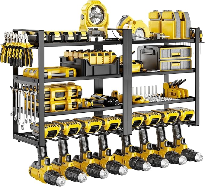 Large Power Tool Organizer Wall Mount, 8 Cordless Drill Holder, 4 Tier Metal Power Tool Shelf Battery Storage with 7 Hooks, Heavy Duty Utility Racks for Garage Workshop, Black
