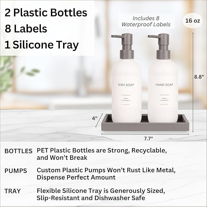 Plastic Soap Dispenser Set - PET Plastic Dish Soap Dispenser for Kitchen, Hand Soap Lotion Bottles with Pump Dispenser for Bathroom, Includes 8 Waterproof Labels, 16 oz, Gray Silicone Tray