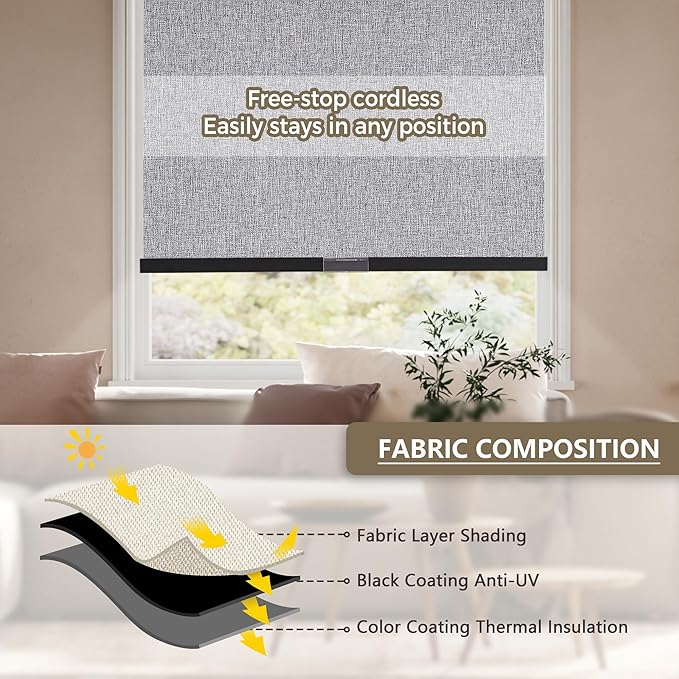 Cordless Blackout Roller Shades Blinds for Windows Free-Stop,Pull Down Room Darkening with Valance,Thermal Insulated Woven Fabric Window Door Blinds for Home,Office,Heather Grey 43" W x 72" H