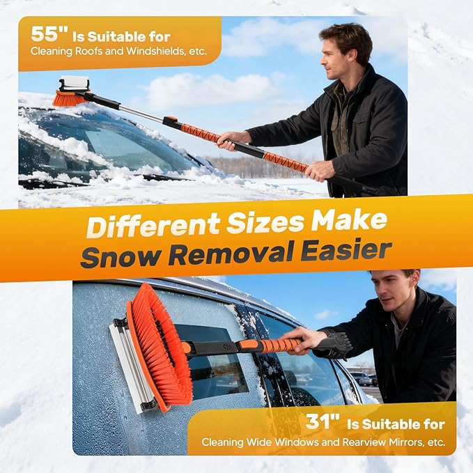 55'' Detachable Snow Shovel with Extendable Ice Scraper & Snow Brush - Snow Scraper with Ergonomic Foam Grip and 270° Pivoting Brush Head for Car Truck SUV Windshield Window & Winter Accessories