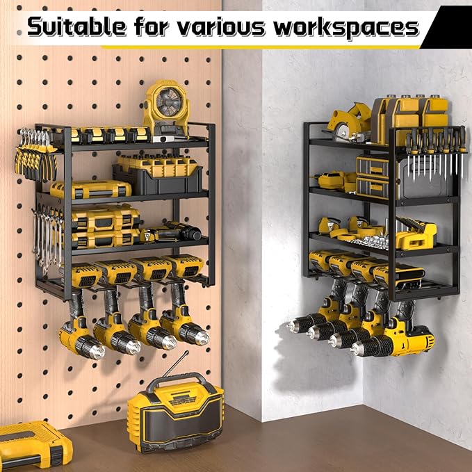 Large Power Tool Organizer Wall Mount, 8 Cordless Drill Holder, 4 Tier Metal Power Tool Shelf Battery Storage with 7 Hooks, Heavy Duty Utility Racks for Garage Workshop, Black