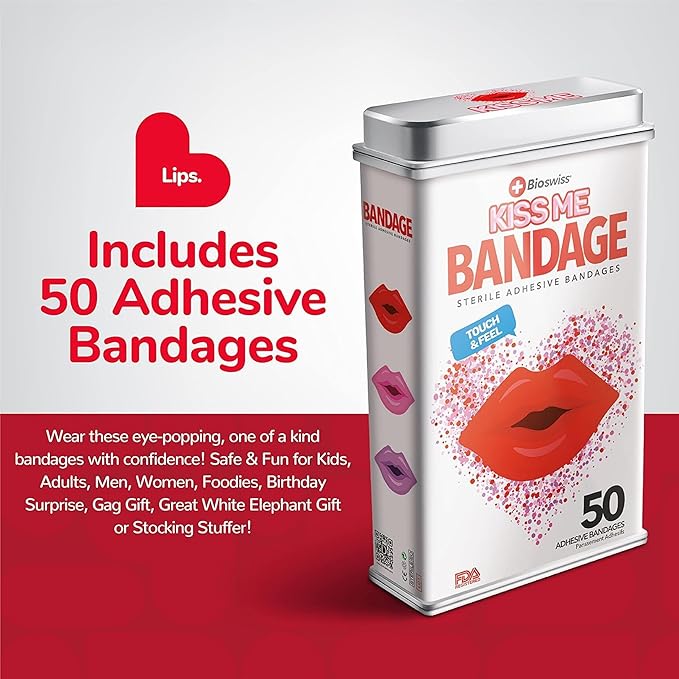 BioSwiss Kids Bandages, Lips Shaped Self Adhesive Bandage Set, Latex Free, Sterile Wound Care, 50 Count