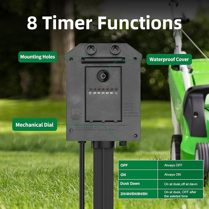 Outdoor Power Stake Timer, Remote Control Dusk to Dawn Light Timer, 60FT Extension Cord Waterproof, 6 Grounded Outlets for Outdoor Christmas Decorations, ETL Listed