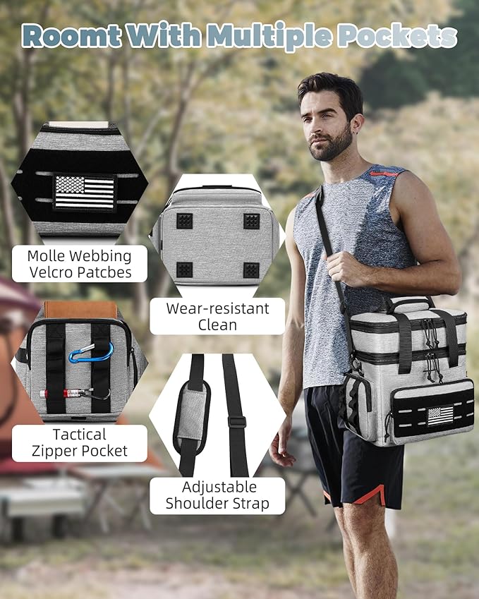 Tactical Lunch Bag & Lunch Box for Men - Large Double Deck Expandable Insulated Soft Adult Lunchbox for Work - Cooler Bag for Beach, Picnic, Camping,Outdoor，Travel (Gray,16L)