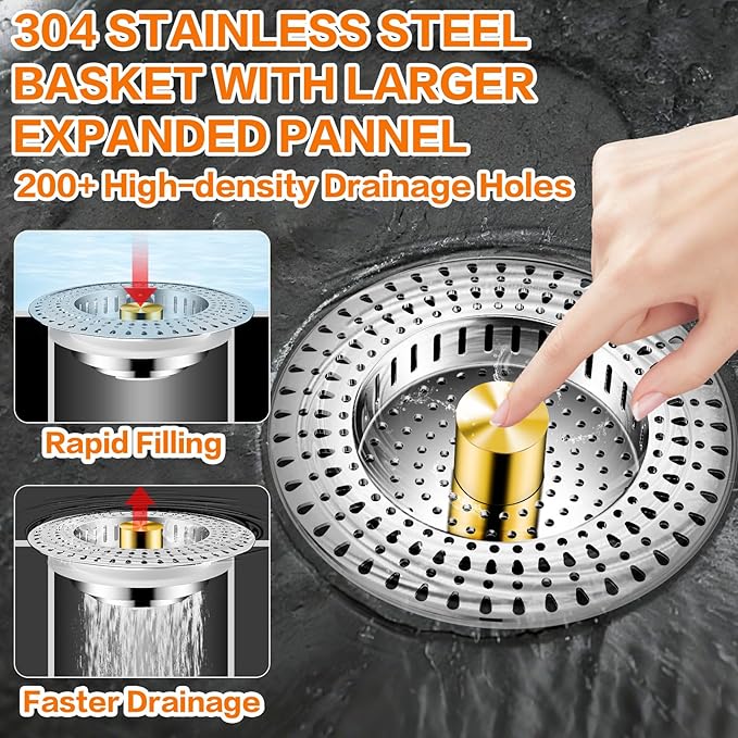 Kitchen Sink Drain Strainer & Sink Stopper - 18/8 Stainless Steel - 5-in-1 Upgraded Sink Strainer with Basket, Sink Plug Drain Cover Fits US Standard 3-1/2'' Sink Drain Hole
