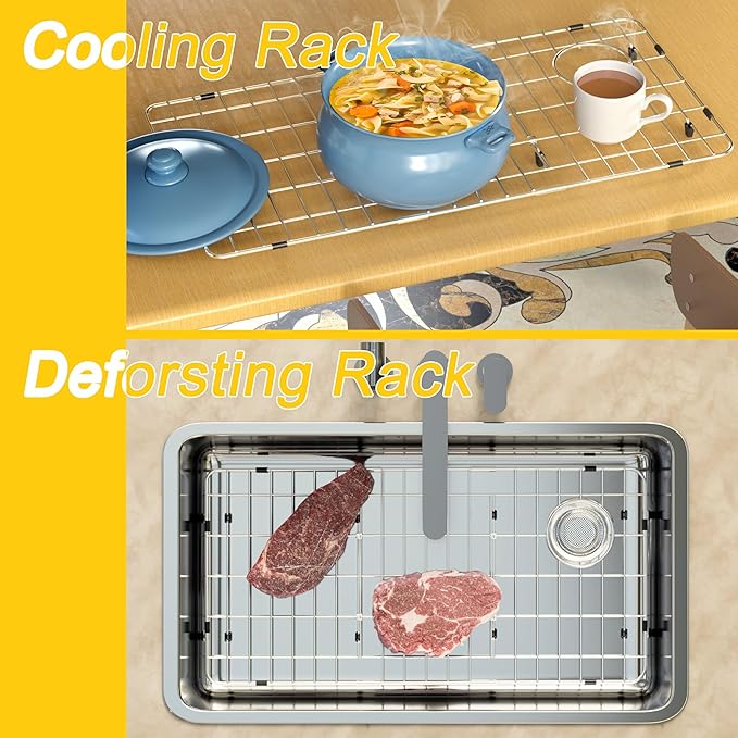 Sink Rack,Large Sink Protectors for Kitchen Sink,28-1/4"X 14-1/4",Stainless Steel Sink Grid for Bottom of Sink,Metal Sink Grate with Strainer,Side Corner Drain for Specific Elkay,1 pack